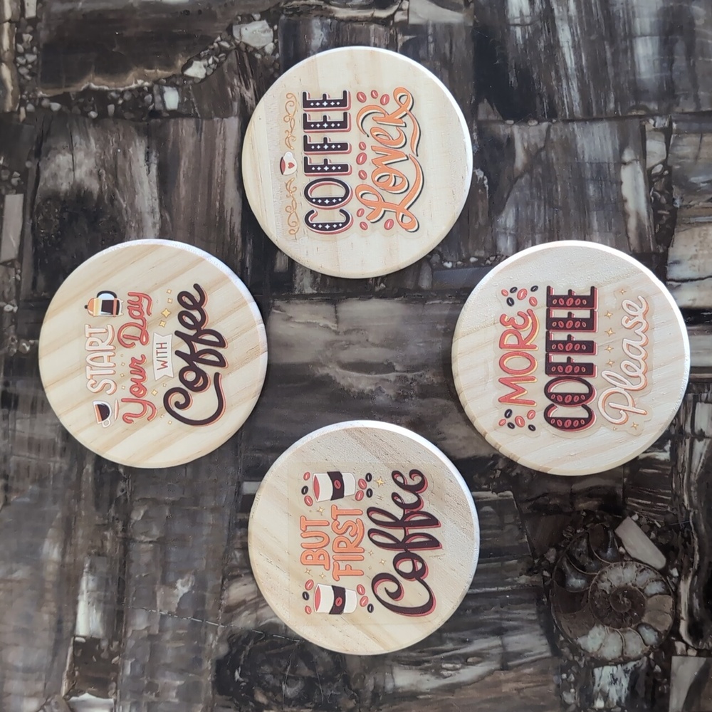 🆓 Add On - 4 Pack Wooden Coffee Themed Coasters Set